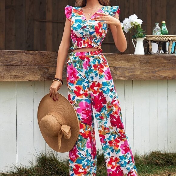 Multicolor Preppy Womens Floral Print Top & Wide Leg Pants - Picture 5 of 5